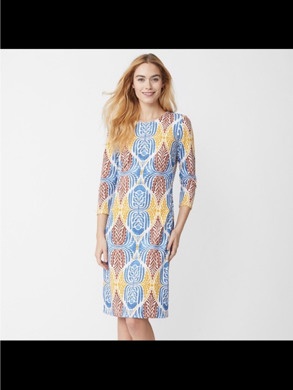 J. McLaughlin Sophia Dress Size S Blue Gold Brown 3/4 Sleeve Catalina Cloth